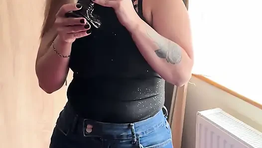 Masturbating with a Huge Black Cock in a Denim Miniskirt
