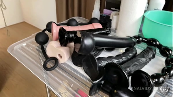 Multiple small dildo insertions on male slave