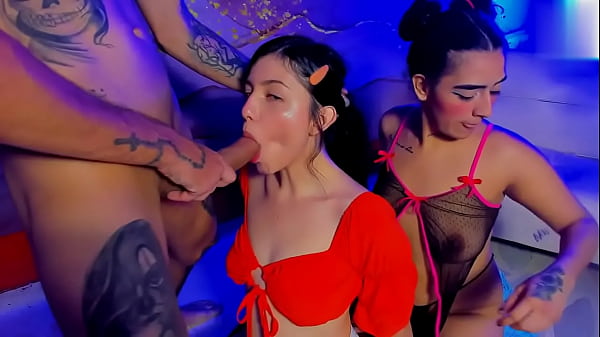 friends enjoy a huge cock giving deep blowjobs and rough face fucking