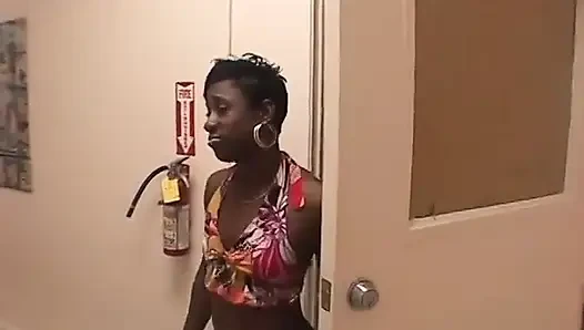 Slender black slut gets her cunt licked by a dude in an office