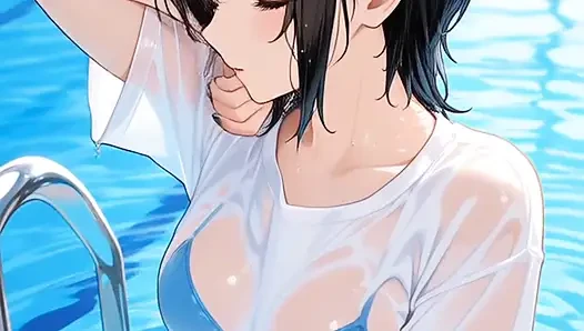 Japanese MILF Mom Shakes Huge Tits in Wet Panties at Pool