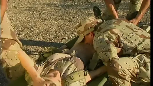Blonde whore in military gear gets hardcore threesome with two soldier studs outdoors and indoors