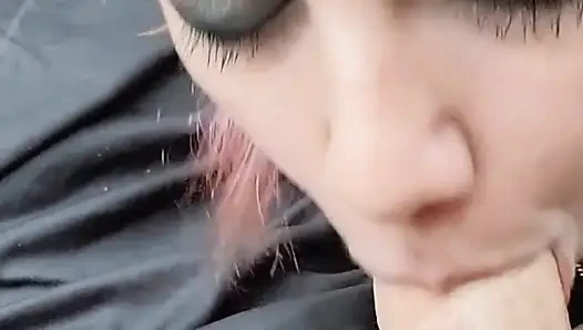 Giving a hot purple haired slut an oral creampie in the car