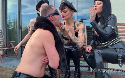 Smoking on the Patio - Mistressae and Friends Share Their Human Ashtray