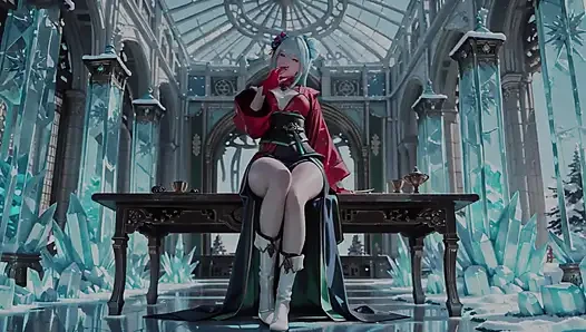 Ice Throne! Silver-haired Mage in Red-green Gown Kneeling, Blue-haired Partner Teasing in Realm!