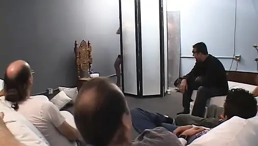 Cock sucking slut takes double team fucking and facial in gang bang