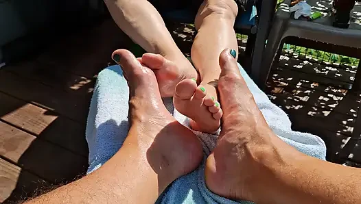 Massage oil on our feet for us while we relax