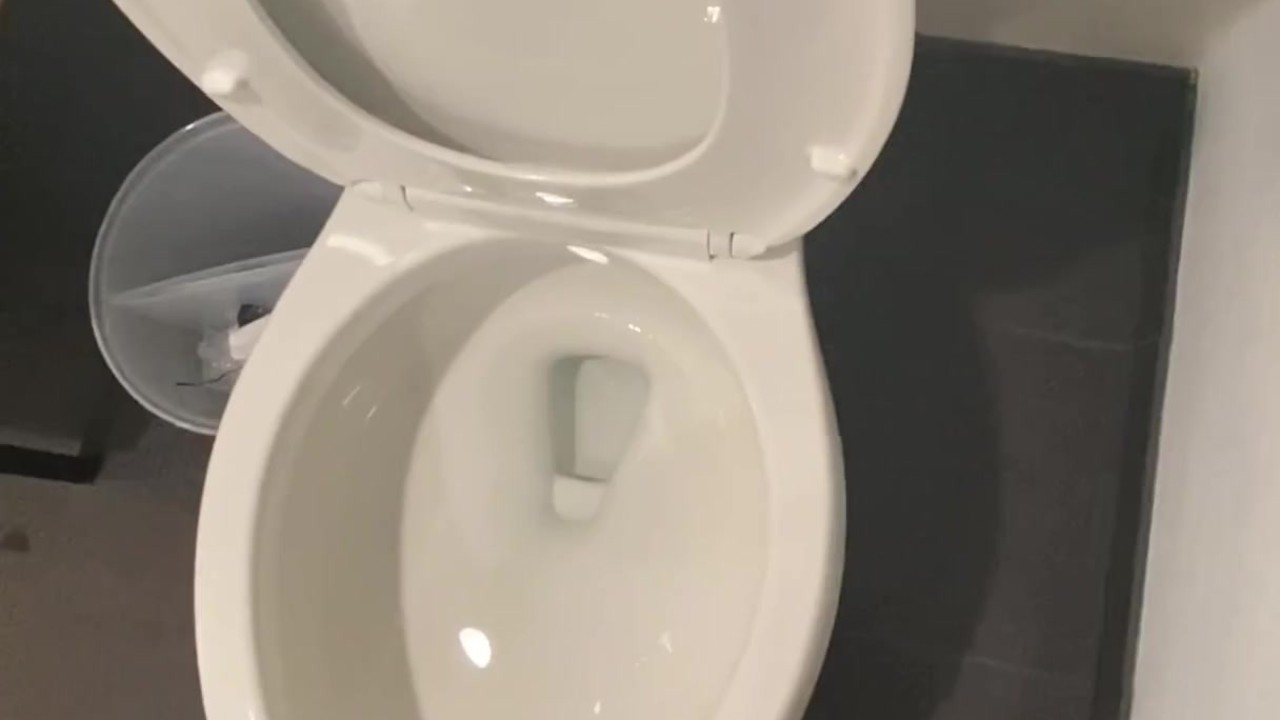 Naughty Piss Slut with a very Full Bladder Power Pisses all over the toilet while standing up!