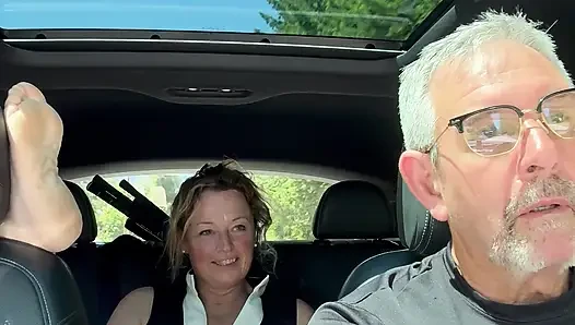 Wife Toys Her Pussy in the Back Seat While Daddy Drives, Road Trip