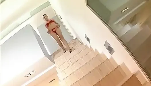 Brunette in sexy red lingerie deep throats and takes boyfriend's huge dick