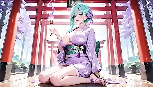 Green-haired Kimono Girl's Private Morning! Purple Yukata Slightly Damp, Kneeling on the Bed in a Japanese Room