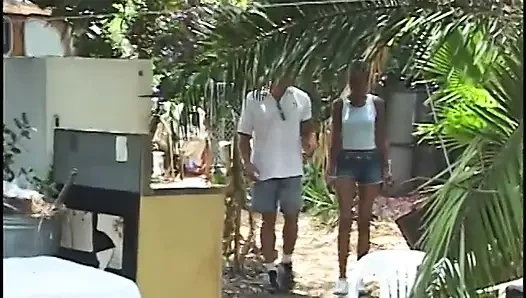 Slut gets jizzed on after sucking guy's cock outside and getting twat banged