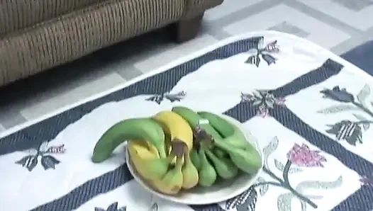 Hot, sexy teen redhead plays alone with bananas and loves it