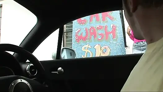 Sex in the car wash with a brunette bitch in sexy pink fishnets