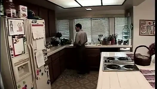 Cute flexible blonde does a split while big cock pounds her ass in the kitchen