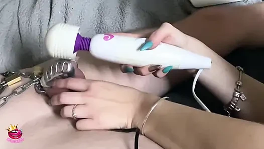 Chastity Cage Milked to Cum in Condom