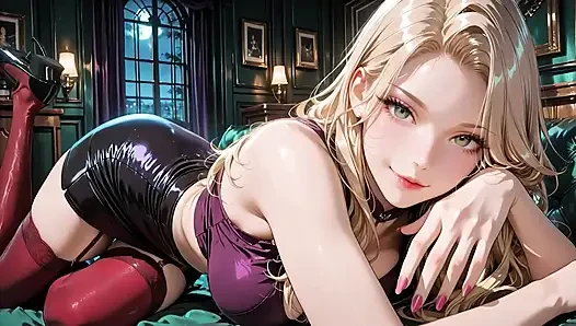 Blonde Bombshell in Purple Lingerie Shiny Black Skirt Red Stockings High Heels