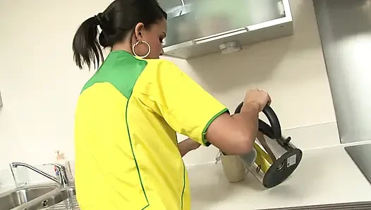 Babe in Brazil Uniform Strips and Plays Solo in the Kitchen