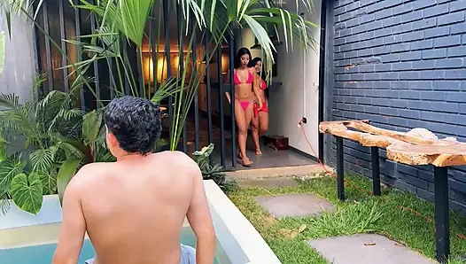 We Try To Be Alone In The Pool With My Friend But We End Up Fucking My Roommate Nerd, Unexpected Threesome