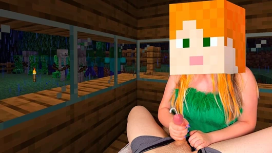 Hot Alex from Minecraft Fast jerking off Steve's hard Cock in a Cozy house, while Creepers and Skeletons roam the Night Village