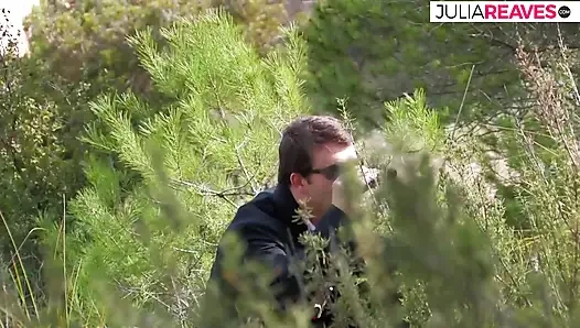 Girls suck huge cocks then ride them hard in the bushes