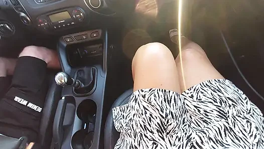 My wife shows off her beautiful legs in the car in the morning on the way to the office