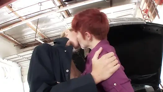 Big boobed redhead babe fucks her car worker