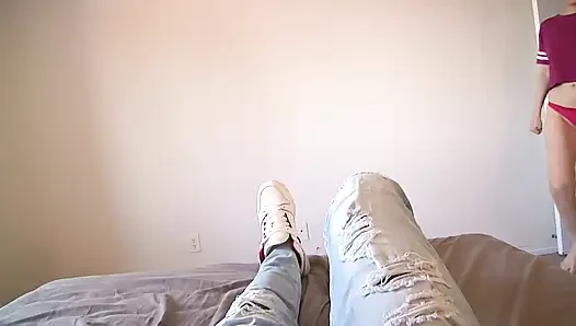 A girl watches a guy jerk off wth facial