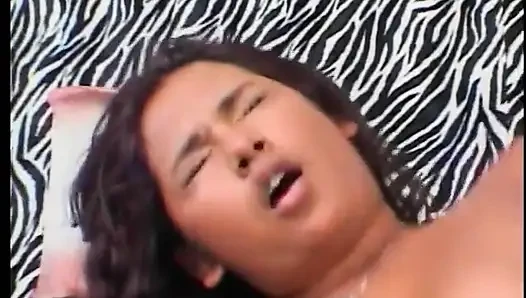 Chocolate beauty rides white cock while getting fucked in her ass