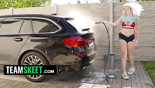 Vera Washes the Car with Her Soapy Tits Then Rides Cock Inside