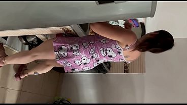 spying on her in pajamas, sex in the kitchen with the horny naked stepmother