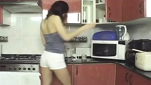 Skinny Slut Rides Dick in the Kitchen