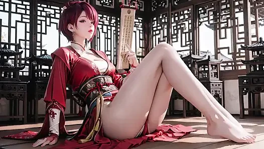 Purple-haired War Maiden in High-slit Kimono, Kneeling to Tease Your Eyes with a Fiery Gaze and a Wet, Forbidden Whisper.