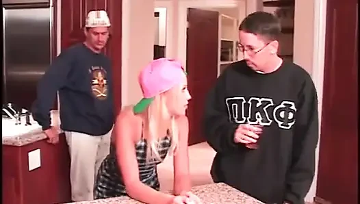 Sweet titted blonde slut duo in kitchen get hot fuck from hard cocked dude