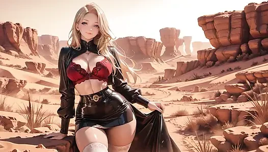 So Hot! Blonde Goddess in Glossy Black Skirt Gets Wet in Desert Sunlight
