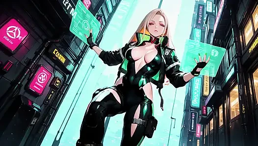 Neon Rain Night! Blonde Agent in Wet Leather Crouching Low, Holographic Glow & Cold Glances.