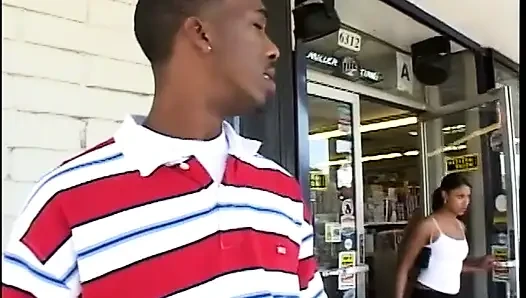 Black guy pumps her black pussy with a cock