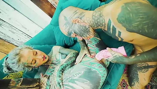 Tattooed Lesbian Toy Play Fingering and Pussy Licking