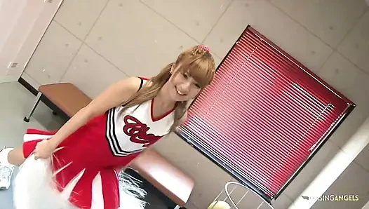 A fair-haired Asian cheerleader is discovered engaging in self-stimulation inside the locker room and subsequently receives an i