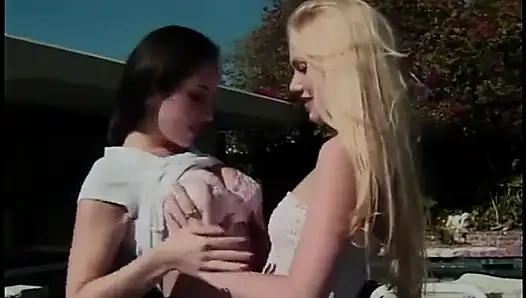 Hot brunette fucks her blonde girlfriend with dildo
