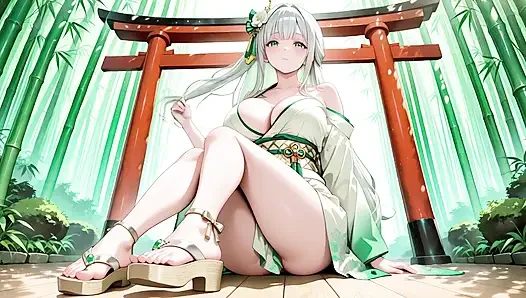 Silver-Haired Shrine Maiden Secrets! Languidly reclining in a red corridor, her bare shoulders and lush thighs exposed.