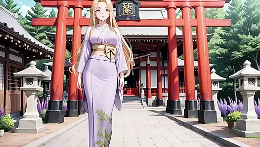 Blonde in Lavender! Kneeling barefoot under the red Torii gate, her andouf fluttering in the breeze.