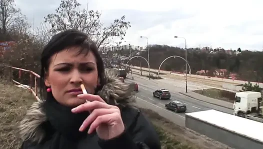It's cold in the park and the young brunette with small natural tits gets warmed up by an old man and swallows all the cum