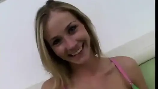 Cute blond strips naked to suck cock then gets ass jizzed from POV