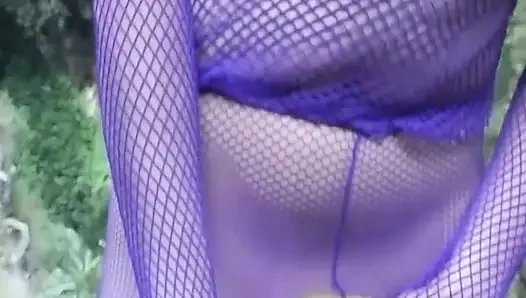 MILF in Purple Fishnet Gets Hot Facial Cum
