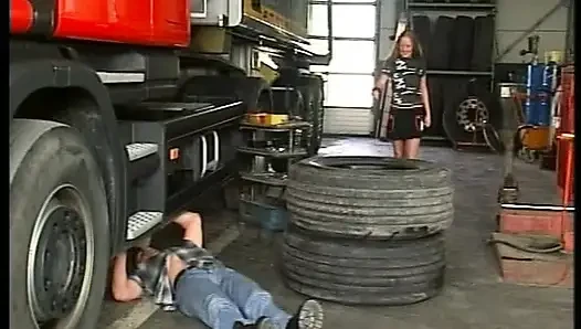 Pretty blonde German bitch fucked by two dudes in the workshop