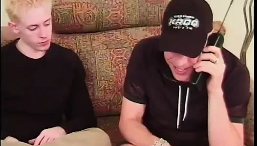 Blonde twink and guy in cap have a threesome with a sexy blonde slut