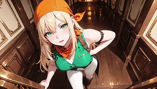 Blonde Pirate Captain! Green Uniform & Rough Ropes on a Sunny Deck. Languid Poses, Long Legs Exposed, and That Teasing Gaze