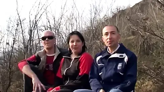 Big tits brunette banged in threesome outdoor