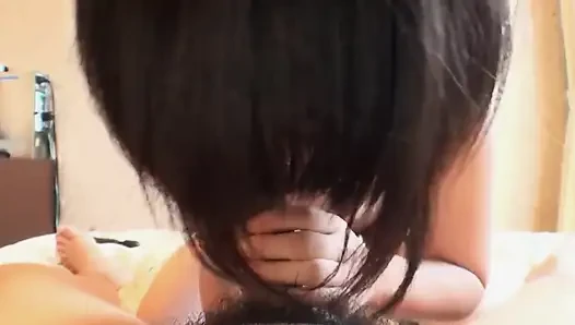 Japanese Brunette Babe with Short Hair Sucking Cock Until Orgasm